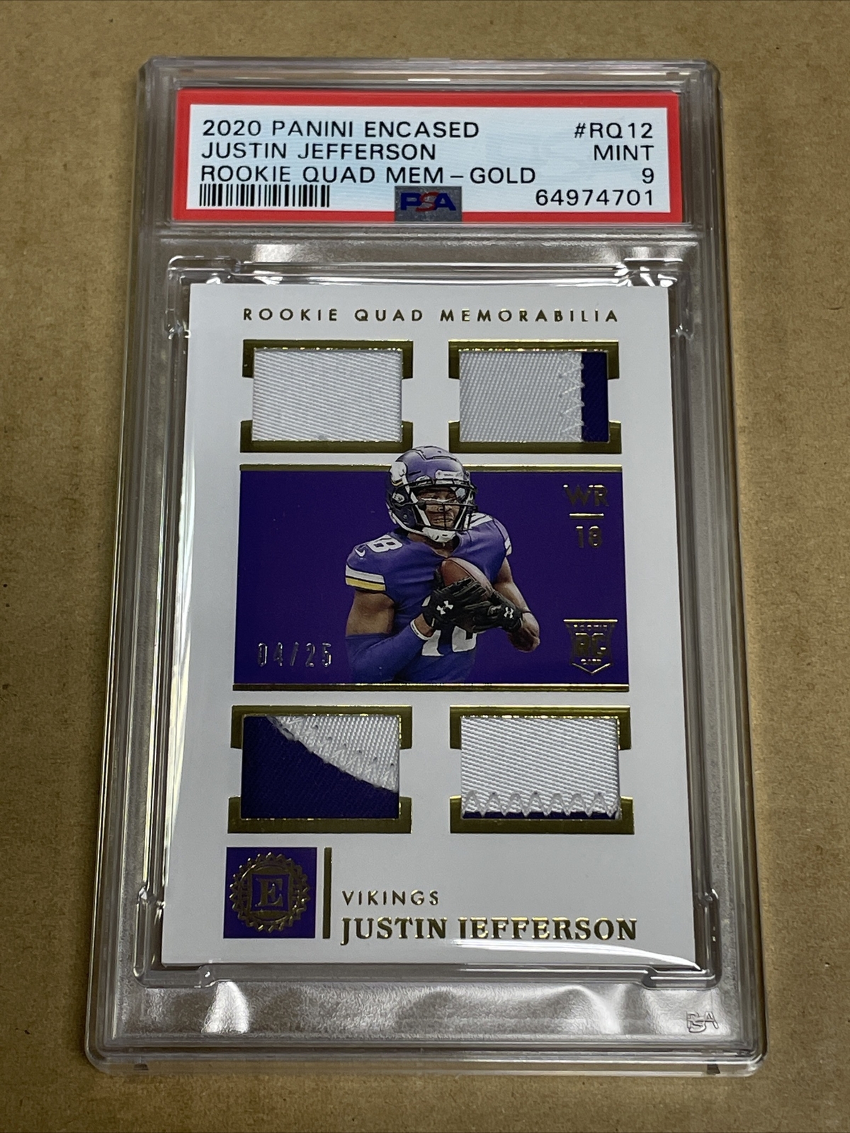 Justin Jefferson Panini Encased Rookie Quad Memorabilia #RQ12 Gold