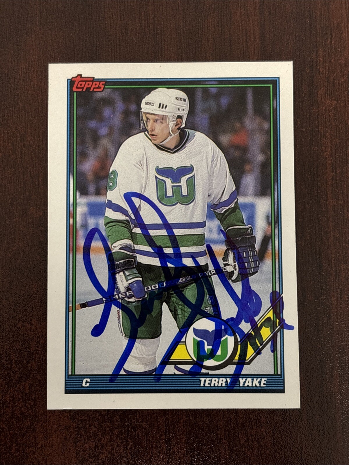 1992 Topps #169 Terry Yake AUTO Hartford Whalers AUTOGRAPH SIgned