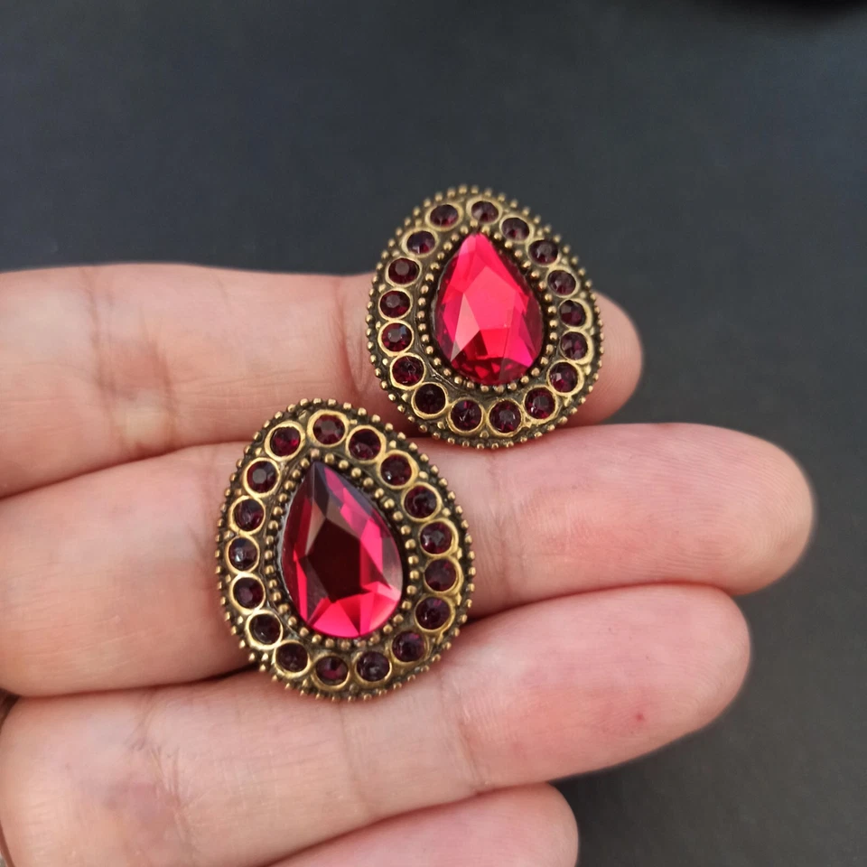 Michal Negrin Clip Earrings Red Crystals Teardrop Victorian Revival Statement - Image 2 of 4