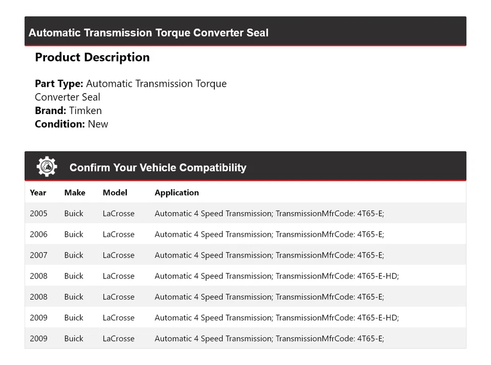 Sello convertidor de par de transmisión automática Timken para Buick LaCrosse 2005-2009 Foto 2 de 4