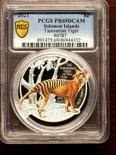 2021 SOLOMOM ISLANDS TASMANIAN TIGER 1 OUNCE .9999 SILVER PCGS PF 69 DEEP CAMEO