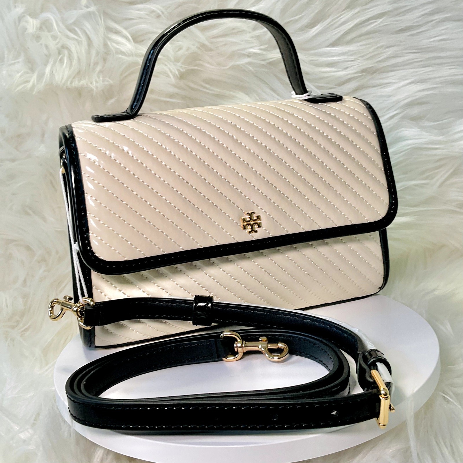 NEW $600 Tory Burch Emerson Quilted Patent Cream Ivory Mini Top Handle Crossbody thumbnail 6