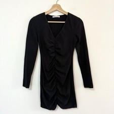 Reformation Ruched Long Sleeve Black V Neck Knit Mini Cally Short Dress XS