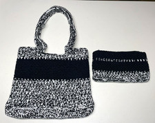 Handmade Black & White Crochet Tote Bag Top H...
