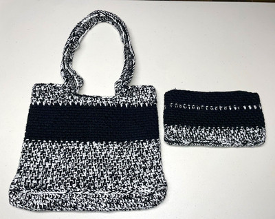 Handmade Black & White Crochet Tote Bag Top Handle w/ Coin Purse