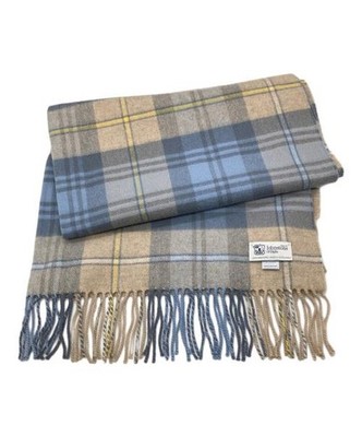 JOHNSTONS OF ELGIN                    100% Cashmere Check Stole Scarf Blue x Bei