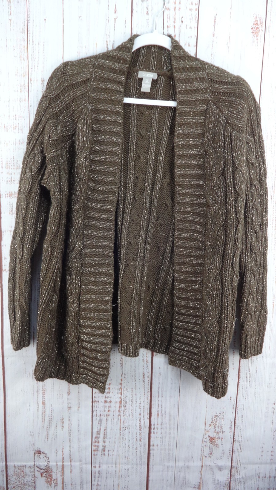 Chico’s Chunky Cable Knit Open Cardigan Womens Large Sweater Brown Cozy