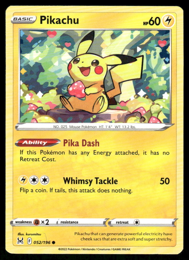Pikachu 052/196 Common Lost Origin Pokemon Near Mint