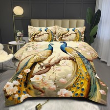 Peacock Bedding Set King Size, Gold Luxury Bird Floral Comforter for Adult Wo...