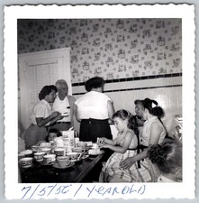 Vtg B&W Snapshot Family Gathering Birthday Party Tea Cups Cake Kitchen 1956