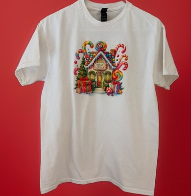 Womens Holiday T Shirt Size M Colorful Cotton Gingerbread House Candy Christtmas