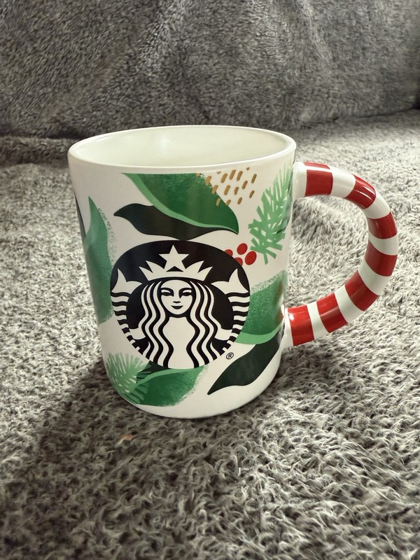 2019 Starbucks Christmas Holiday Holly Candy Cane Striped Handle Coffee Mug 12oz