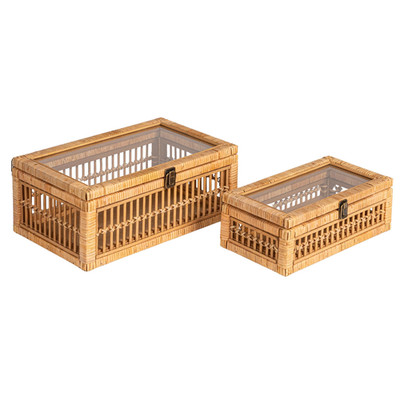 Creative Co-Op Rattan And Bamboo Nestable Storage Boxes Glass Lids Natural Set
