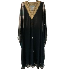 Amazing Vintage Black Crepe with Gold Embroidery Kaftan or Abaya One Size