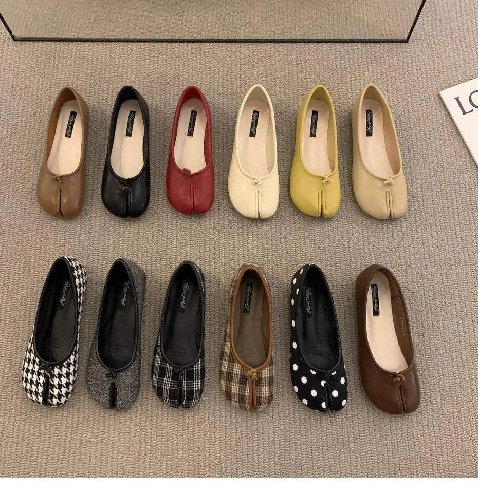 Damen Leder Fliege Tabi Split Toe Mid Heel Modische Ballett Pumps - Bild 3 von 4