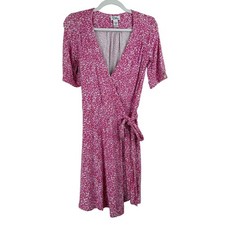 VTG Lilly Pulitzer Pink Floral Wrap MINI Dress Short Sleeve Tie Waist WOMEN XS