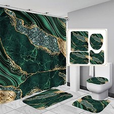 4PCS Marble Shower Curtain Sets, Modern Bathroom Sets With Toilet Lid Green
