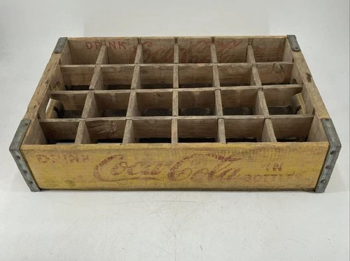 Vintage Drink Coca-Cola Coke 1960's Yellow Wooden 24 Bottles Holder Crate