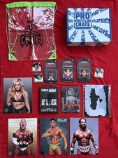 Pro Wrestling Crate lot - inc. Micro Brawlers, autographs, DVD&rsquo;s, Pin Badges etc