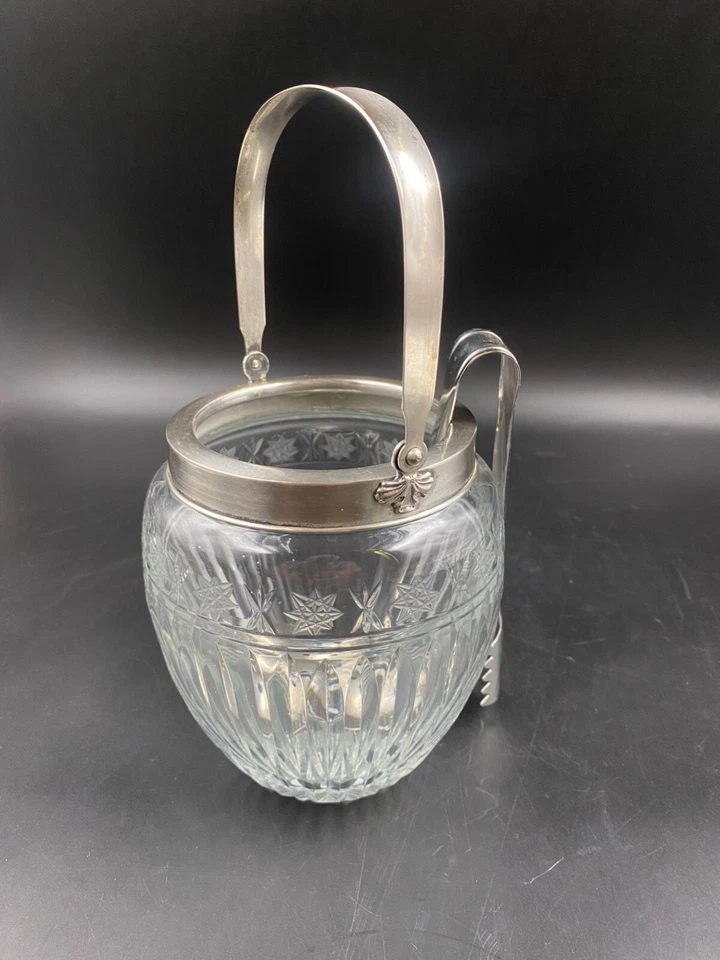 Porta ghiaccio cesto cestello vaso argentato cristallo molato con pinza - Immagine 3 di 4
