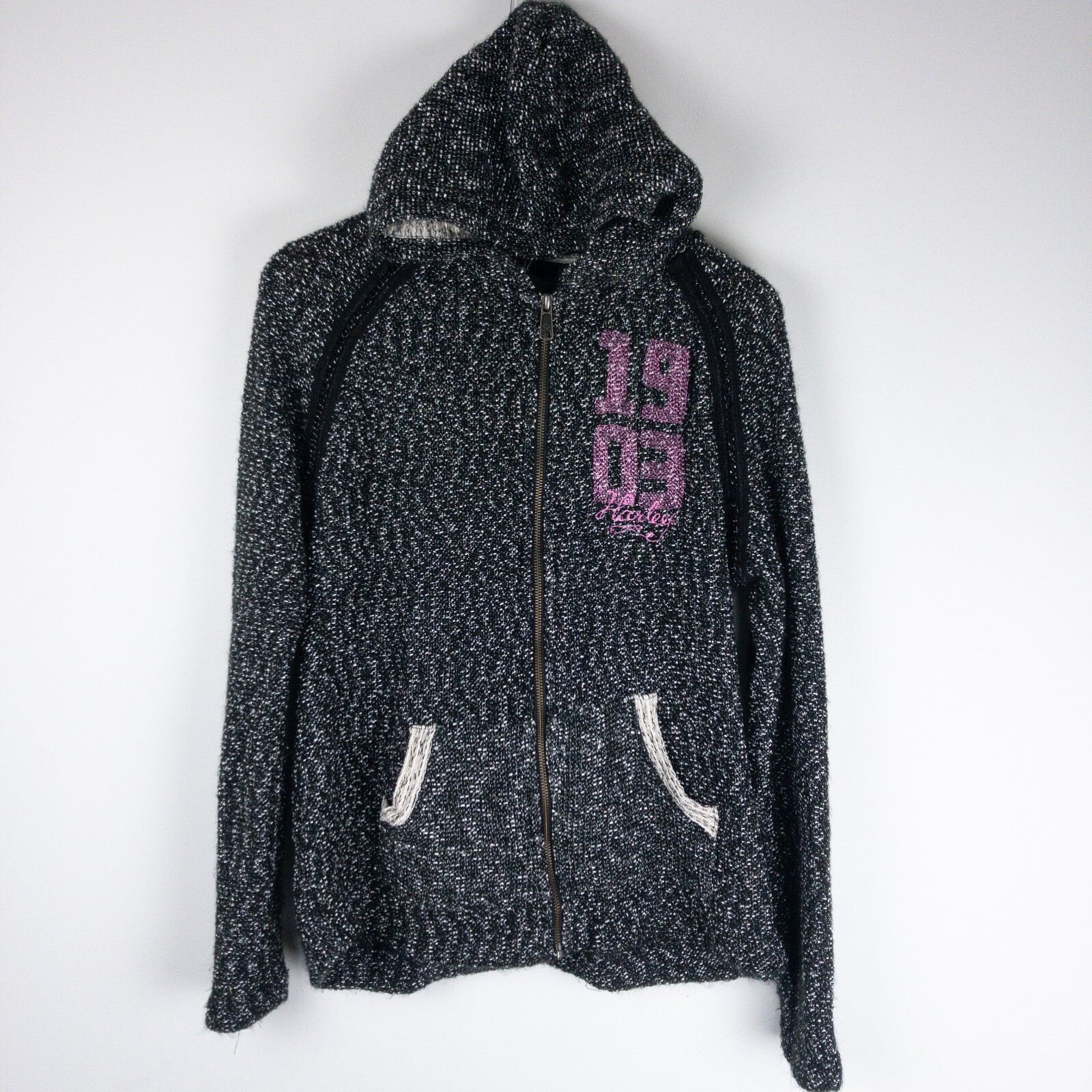 Harley Davidson Womens XL Black Tweed Knit Skull Biker Hoodie with Chain