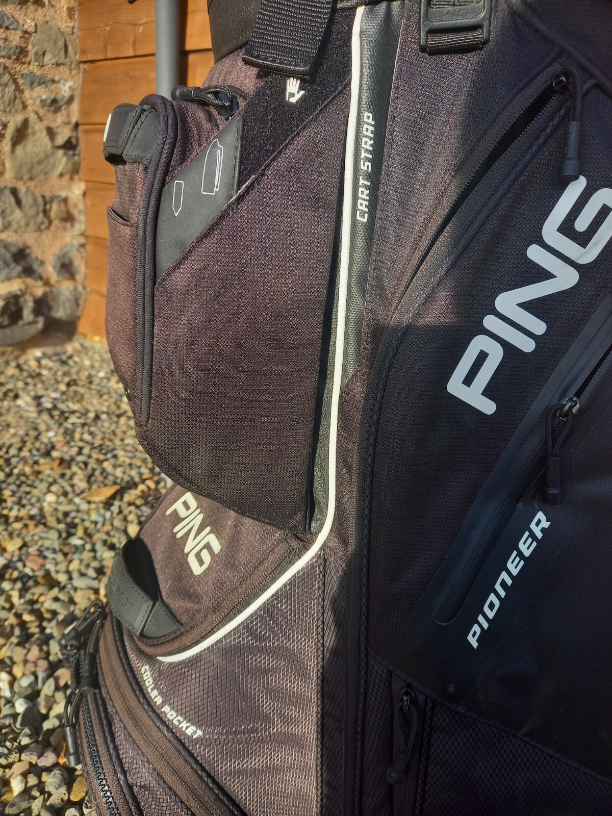 Ping Pioneer Cart Golf Bag 15 Way Divider Black with Carry Strap & Rain