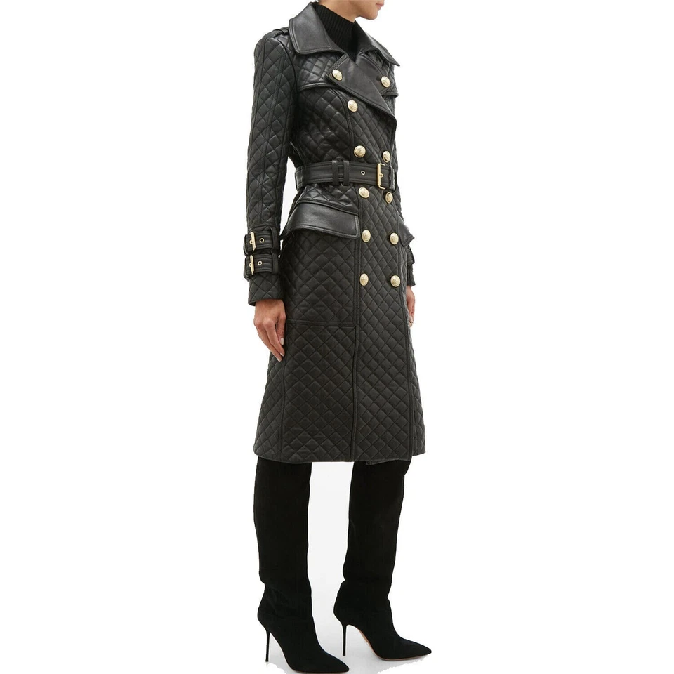 Gabardina acolchada de cuero genuino para mujer - Chaqueta larga con cinturón de doble pecho Foto 4 de 4