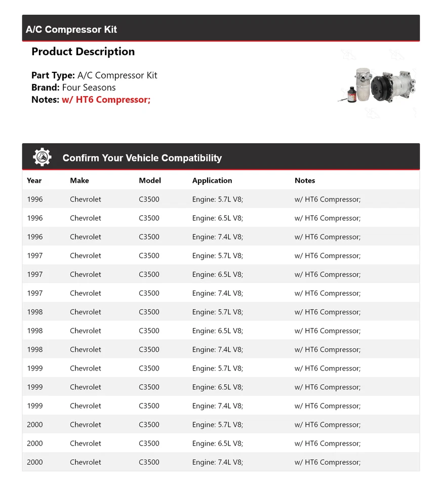 Kit compresor aire acondicionado Chevrolet C3500 1996-2000 4 estaciones 1997 1998 1999 Foto 2 de 4