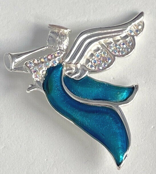 Vintage Silver Tone Teal Enamel Rhinestone Holiday Angel Heralding Trumpet Pin