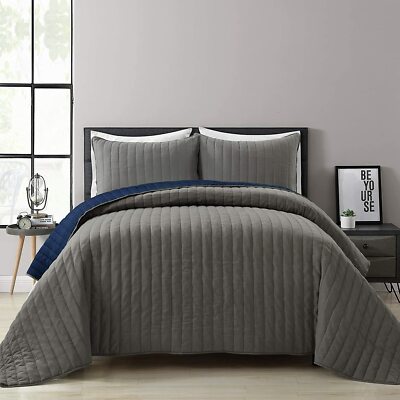 Lush Decor Gray & Navy Soft Stripe Reversible 3 Piece Quilt Set King