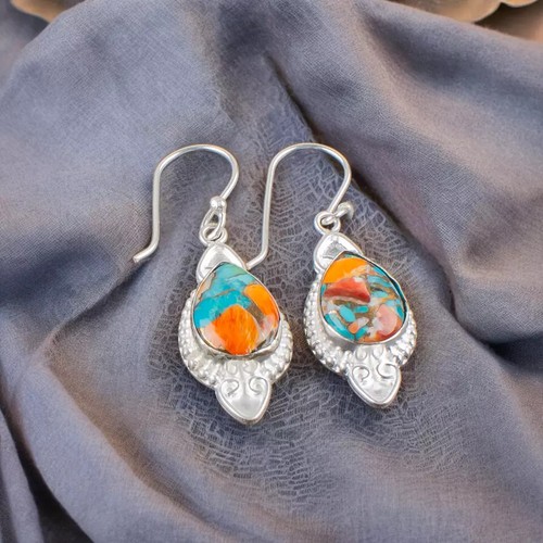 Oyster Copper Turquoise 925 Sterling Silver Earring Gifts Jewelry R-1391 - Picture 3 of 7
