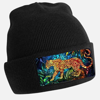 Black Beanie Hat with Cool Leopard Stained Glass Motif - Unisex Cap Cotton