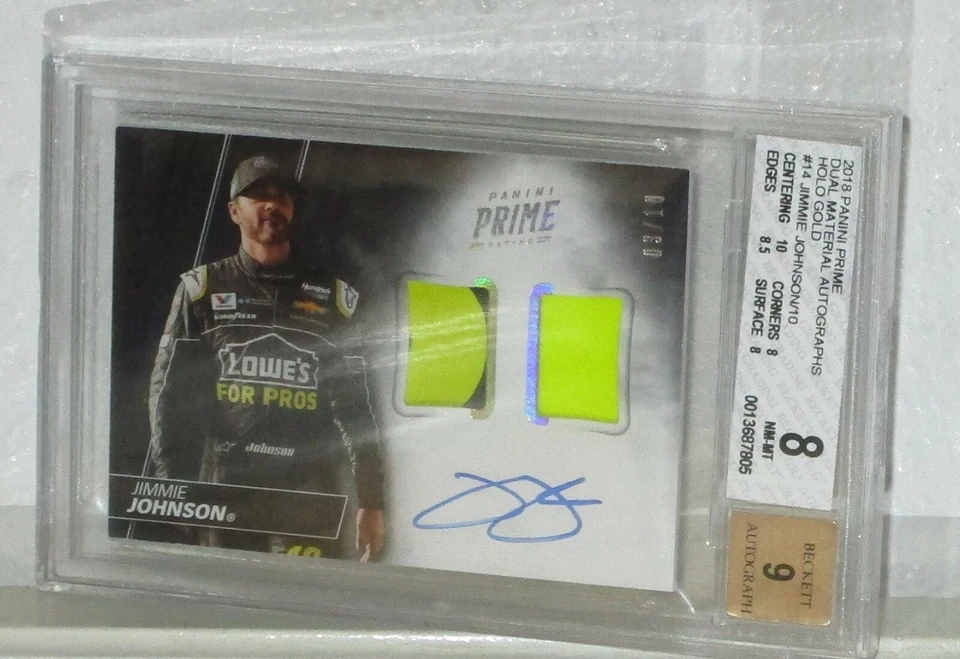 2018 JIMMIE JOHNSON PANINI PRIME DUAL MATERIAL AUTO HOLO GOLD CARD 8, 9 AUTO BGS - Image 3 of 3