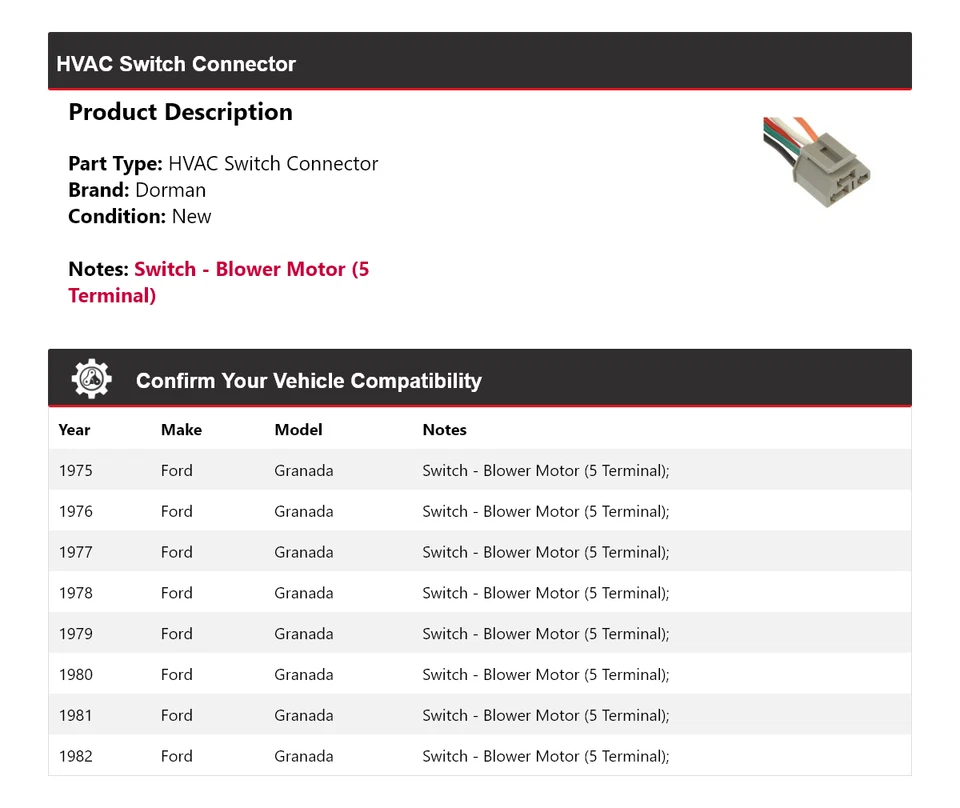 Conector interruptor climatización para Ford Granada Dorman 1975-1982 1976 1977 1978 1979 1980 Foto 2 de 4
