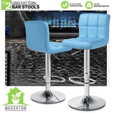 Set of 2 Adjustable Counter Height Bar Stools Blue PU Leather Swivel Pub Chairs