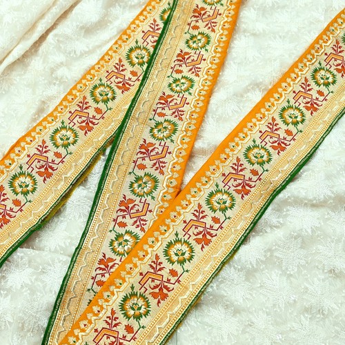 Vintage Saffron Sari Border Woven Banarasi 1yd Trim Craft Sewing Recycled Zari