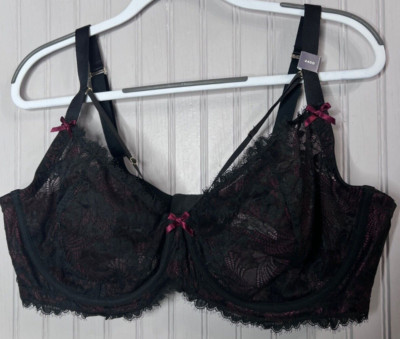 Cacique Womens BALCONETTE BRA 44DD Black Burgandy Red Lace Unlined Wired NEW
