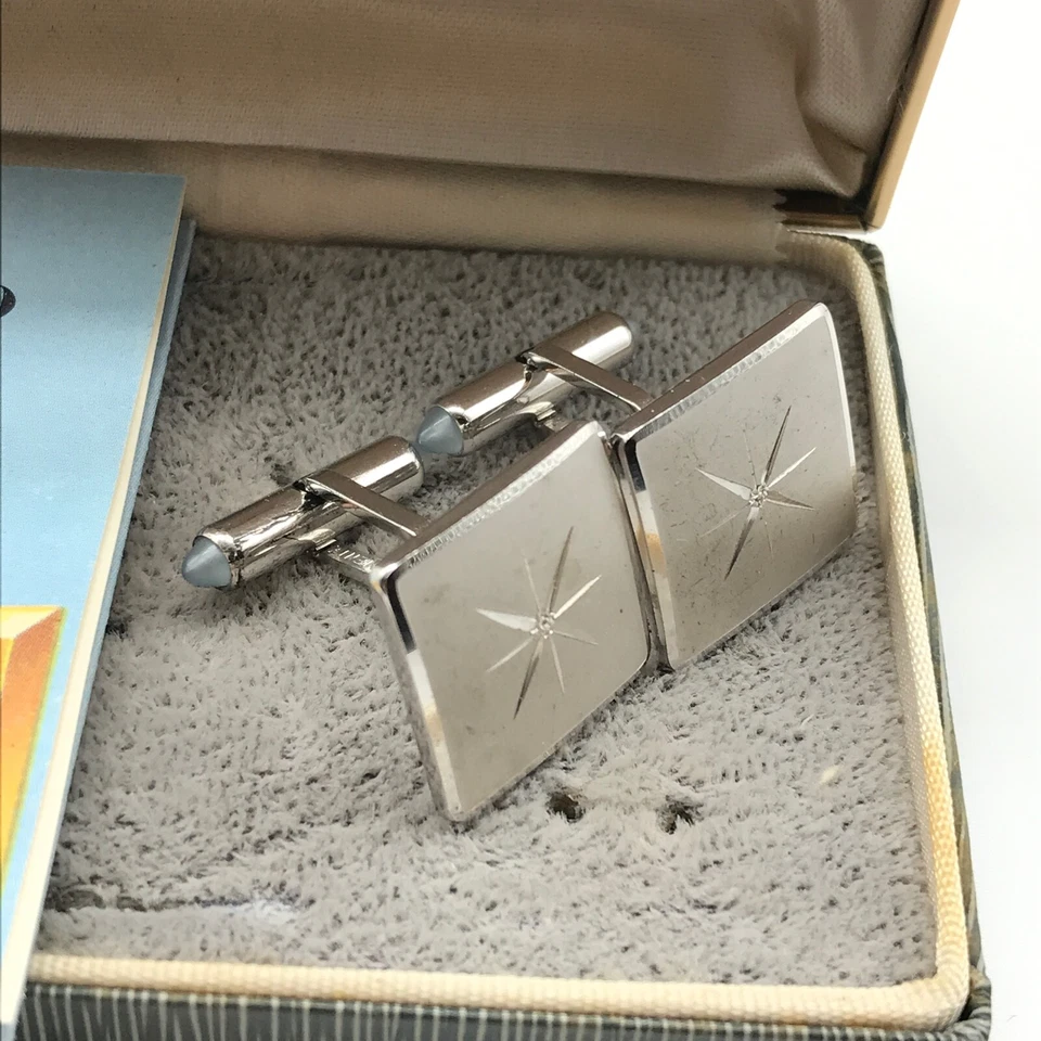 Gemelos cuadrados gruesos grabados en estrella de plata de ley 925 Krementz vintage con caja Foto 3 de 4