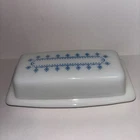 Vintage Pyrex Blue Snowflake Garland Covered Butter Dish Milk Glass