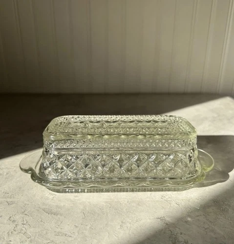 Vintage Anchor Hocking Wexford Clear Diamond Glass Covered Butter Dish MCM
