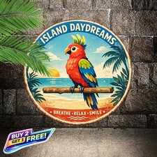 Beach Parrot Wall Art Dont Worry Be Happy 8x8 Round Metal Tin Sign Decor
