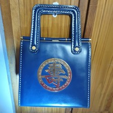 1960s Blue Leather Handbag With Gold Disk, Gold and Blue Top Handle Bag