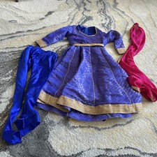 Girls Anarkali Silk Blend Blue Gold Salwar Kameez with Pink Dupatta