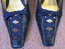 VTG J Renee Snake Leather Square Point Toe Blue Pump Kitten Heels 9.5M Ribbon EC