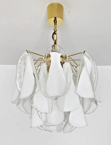 Vintage 1960s White & Gold Murano Glass and Brass Chandelier