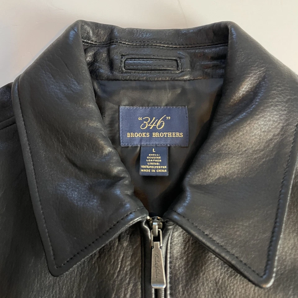 Brooks Brothers Mens Black 100% Leather Full Zip Overcoat Bomber Jacket Large - Image 4 of 4