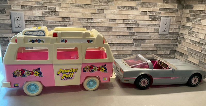 Vintage 1976 Powder Puff Van by Empire + 1984 Barbie Corvette by Mattel