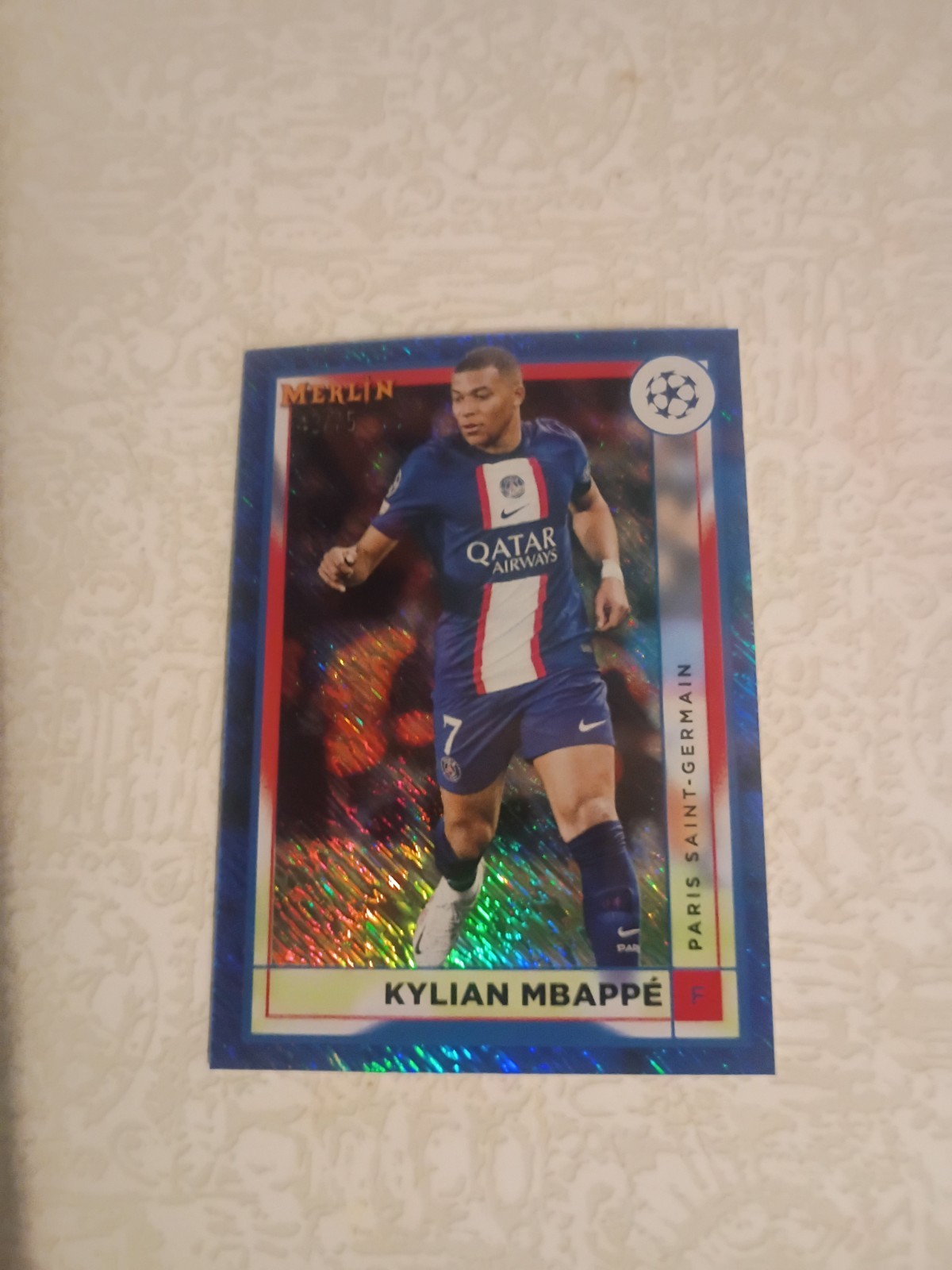 2022-23 Topps Merlin Chrome UCL PSG Kylian Mbappe Blue Shimmer Refractor /75