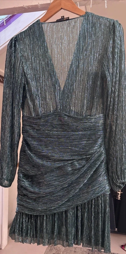 Vestido Maje Shimmer Mini Acanalado Cuello en V 10/12 Fr 38 Turquesa Verde azulado Brillo Foto 4 de 4