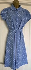 Vintage 1940s WW2 Style Blue white polka dot shirt tea party dress Size 12 